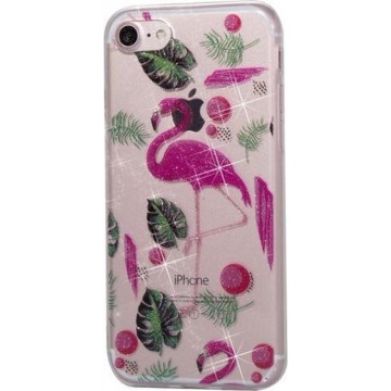 GadgetBay Glitter Poeder hoesje TPU iPhone 7 8 SE 2020 - Flamingo's en Bladeren