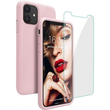 iPhone 12 Pro Max TPU Silicone rubberen hoesje + 2 Stuks Tempered screenprotector - licht roze