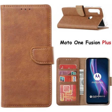 Motorola Moto One Fusion Plus Hoesje met Pasjeshouder portemonnee bookcase - Bruin