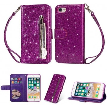 iPhone SE 2020 / 7 / 8 Glitter Bookcase hoesje Portemonnee met rits  - Paars