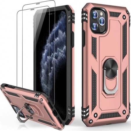 iPhone 11 hoesje Schokbestendige ring armor met 2X Glas Screenprotector rose goud