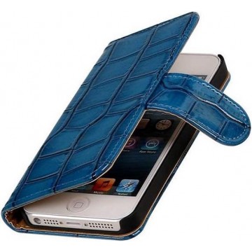 Glans Krokodil Bookstyle Hoes voor iPhone 4 Blauw