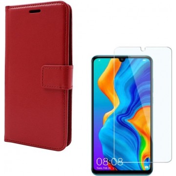 Huawei P30 Lite Portemonnee hoesje rood met 2 stuks Glas Screen protector