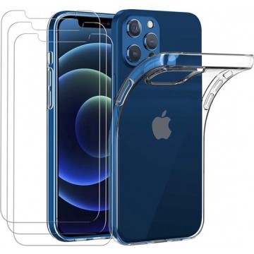 iPhone 12 Mini Hoesje Transparant  TPU Siliconen Soft Case + 3X Tempered Glass Screenprotector