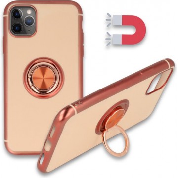 Apple iPhone 11 Pro Max Hoesje Roségold - Siliconen Back Cover met Ring Kickstand - Geschikt voor Magneet Houders