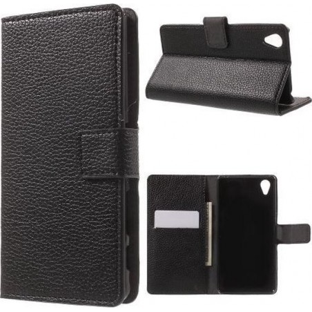 Grain lederlook zwart wallet case hoesje Sony Xperia X