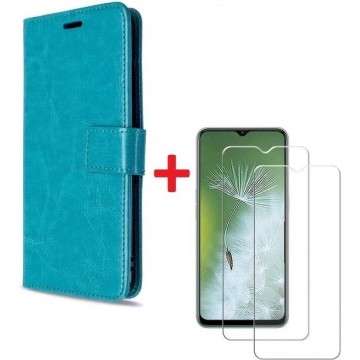 Oppo A5 hoesje book case turquoise met tempered glas screen Protector