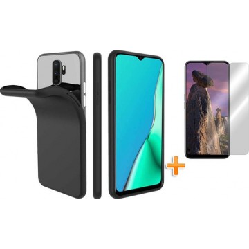 Oppo A9 2020 Hoesje - Siliconen Backcover & Tempered Glass Combi - Zwart