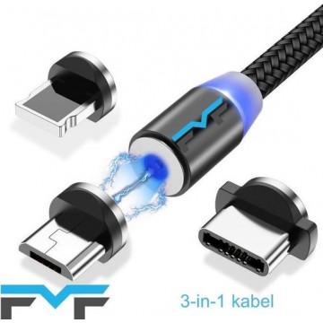 FMF Power - 3 in 1 - magnetische oplaadkabel 360° - 1 meter kabel -Lightning / USB-C / USB-Micro / alle telefoons