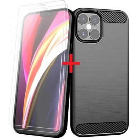 iPhone 12 / 12 Pro Hoesje - Geborsteld / iPhone 12 pro brushed Tpu backcover - Zwart & 2x tempered glass