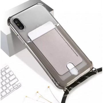 Backcover met kaarthouder en zwart koord - stootrandjes - anti shock iPhone XR hoesje - Smokey transparant