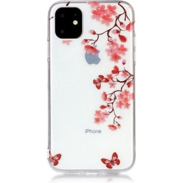GadgetBay Bloemen Bloesem Vlinders Rood Natuur Hoesje Case TPU iPhone 11 - Transparant
