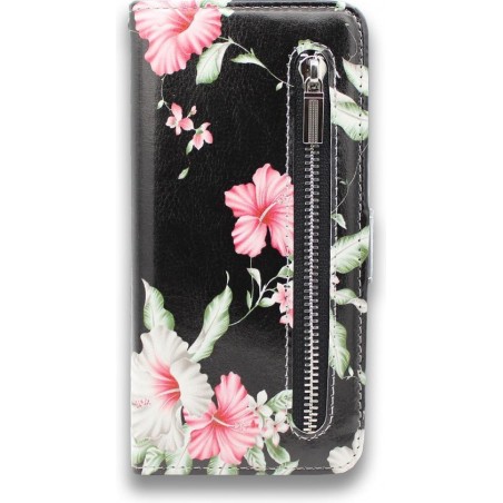 Samsung Galaxy A6 2018 Hoesje - Portemonnee Hoesje met Print & Rits Vakje - Kaarthouder & Magneetlipje - Hibiscus Bloemen