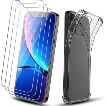 iPhone 12 Hoesje Anti-Shock TPU Siliconen Soft Case + 3X Tempered Glass Screenprotector