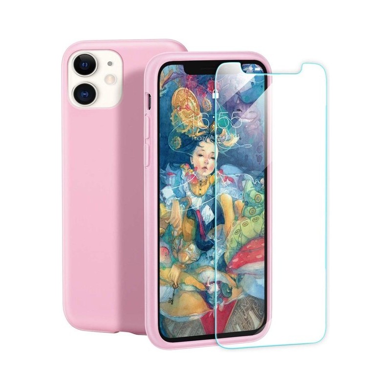 Apple iPhone 11 Hoesje - Siliconen Backcover & Tempered Glass Combi - Roze