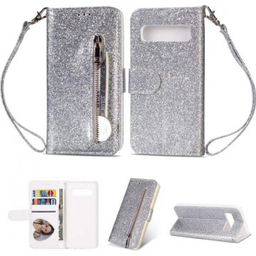 Samsung Galaxy S10 Glitter Bookcase hoesje Portemonnee met rits  - Zilver