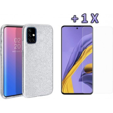 Samsung Galaxy A71 Hoesje - Siliconen Glitter Backcover & Tempered Glass - Zilver