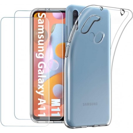 Samsung Galaxy M11 Hoesje Transparant - Siliconen Back Cover 2X Glazen Screenprotector