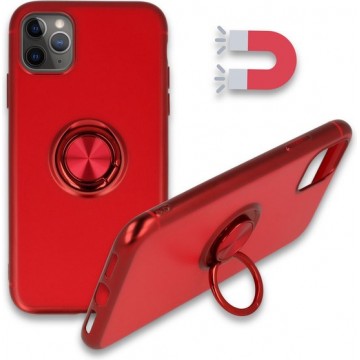 Apple iPhone 11 Pro Hoesje Rood - Siliconen Back Cover met Ring Kickstand - Geschikt voor Magneet Houders