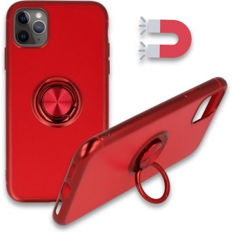 Apple iPhone 11 Pro Hoesje Rood - Siliconen Back Cover met Ring Kickstand - Geschikt voor Magneet Houders