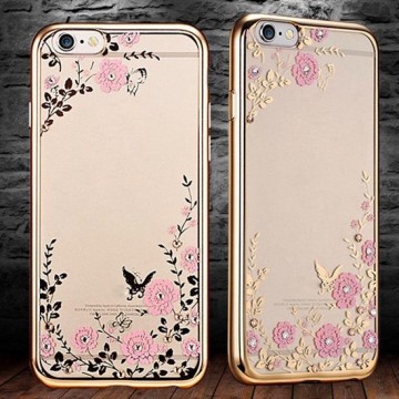 Xssive Flexibele TPU Case met roze bloemetjes iPhone 6 / 6S - Back Cover - TPU - Gouden Rand