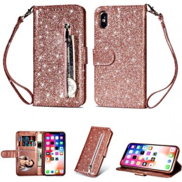 iPhone X / XS Glitter Bookcase hoesje Portemonnee met rits  - Rose Goud
