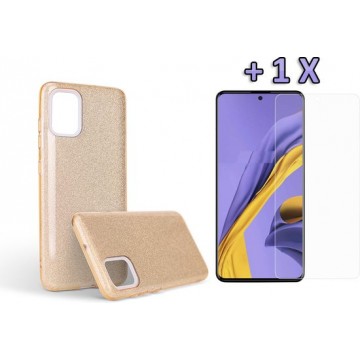 Samsung Galaxy A51 Hoesje - Siliconen Glitter Backcover & Tempered Glass - Goud