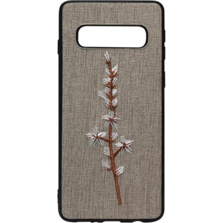 ADEL Siliconen Back Cover Softcase Hoesje voor Samsung Galaxy S10 - Geborduurde Bloem Grijs