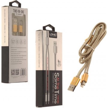 LDNIO LC-86 Goud Lightning kabel en Micro Usb oplaadkabel 2 in 1 geschikt voor o.a Nokia 1 2 2.1 3 3.1 5.1 6 3310