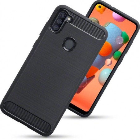 Samsung Galaxy A11 hoesje, Gel case geborsteld metaal en carbonlook, Zwart - Telefoonhoesje geschikt voor: Samsung Galaxy A11