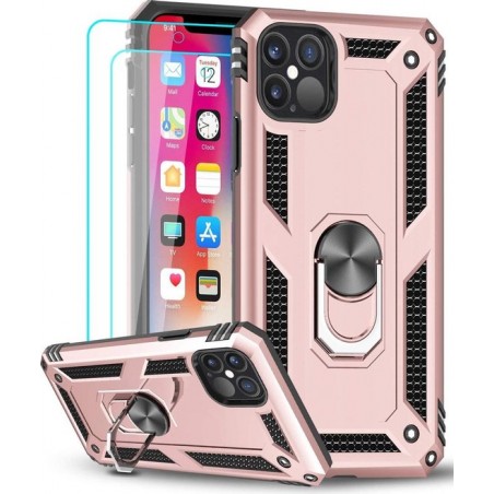 iPhone 12/12 Pro hoesje - Hardcase - Tough armor ring Rose Goud + 2 stuks screenprotector