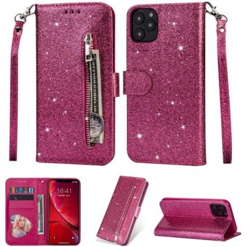iPhone 11 Pro Max Glitter Bookcase hoesje Portemonnee met rits  - Roze