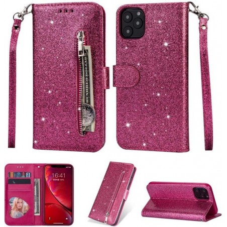 iPhone 11 Pro Max Glitter Bookcase hoesje Portemonnee met rits  - Roze