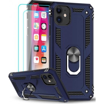 iPhone 12 Mini Hoesje - ring houder Hard backcover Donker Blauw + 2 Stuks screenprotector