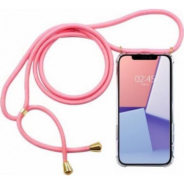 Iphone 12/12 Pro back cover met koord - Roze koord - Transparant hoesje - Anti Shock - Back cover met roze koord