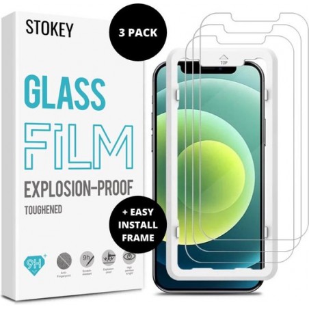 Glass Film Screenprotector met Montage Frame voor Eenvoudige Installatie 3 Pack - Apple iPhone 12 Premium Tempered Glas 2.5D 9H