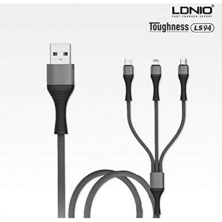 LDNIO 3 in 1 Oplaadkabel Micro USB, Lightning en USB-C - 3.4A Snellader - Zwart
