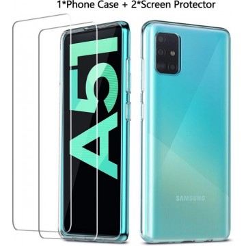 Samsung A51 hoesje - Transparant siliconen hoesje + 2x Screenprotector Tempered Glass