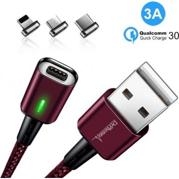 DrPhone iCON - 3 in 1 Magnetische Oplaadkabel Rood + Datakabel - Qualcomm 3.0A FastCharge - Lightning / USB-C / Micro USB
