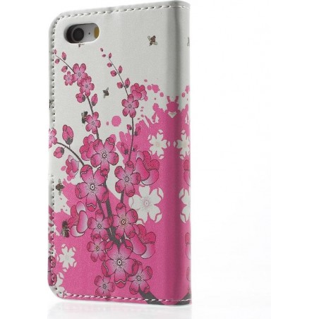GadgetBay Bloesem Bijen iPhone 5 5s SE 2016 kunstlederen Wallet Bookcase hoesje - Roze Wit