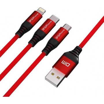 DrPhone MX1® - 3 in 1 Multi Kabel - Gevlochten 2.4A – Data + Oplaadkabel - Apple Lightning/USB-C/Micro USB - 1 Meter - Rood