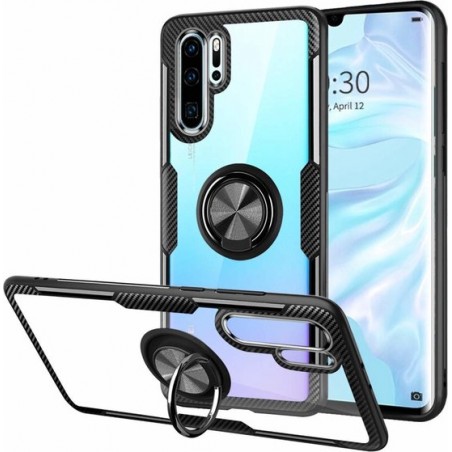 Ntech Huawei P30 Pro Luxe TPU Back Cover Met Metale Ring houder - Zwart