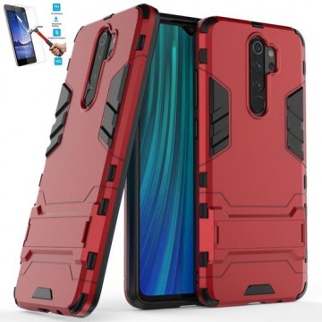Xiaomi Redmi Note 8 Pro Kickstand Shockproof Cover Rood Case Hoesje - 1 x Tempered Glass Screenprotector