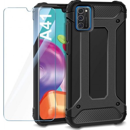 Samsung Galaxy A41 Hoesje Zwart - Anti Shock Hybrid Armor Backcover & Glazen Screenprotector