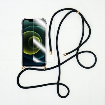 iPhone 12 hoesje / 12 PRO hoesje met zwart koord - transparant - shock proof | GRATIS screenprotector bijgeleverd