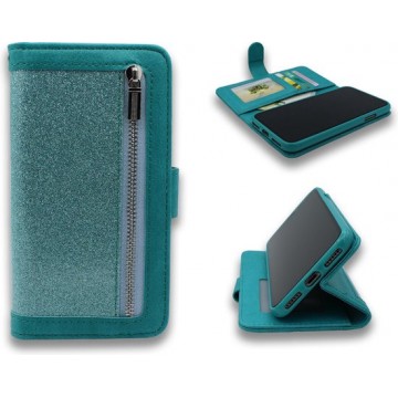 Samsung Galaxy S9 Hoesje - Hoge Kwaliteit Glitter Portemonnee Book Case met Rits - Turquoise