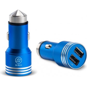Sinji Universele Autolader - 2 USB Poorten - 12V 2.1A & 1.0A - Veiligheidshamer/Ruitenbreker - Blauw