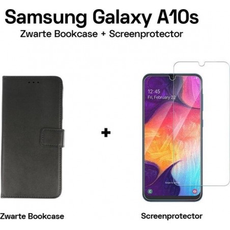 Samsung Galaxy A10s Hoesje Bookcase Zwart + Screenprotector / Tempered Glass