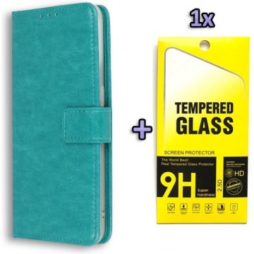 Oppo A15 Hoesje Turquoise - Portemonnee Book Case - Kaarthouder & Magneetlipje & Glazen Screenprotector
