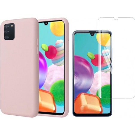 Samsung A41 Hoesje en Samsung A41 Screenprotector - Samsung Galaxy A41 Hoesje Liquid Siliconen Case Roze + Screen Protector